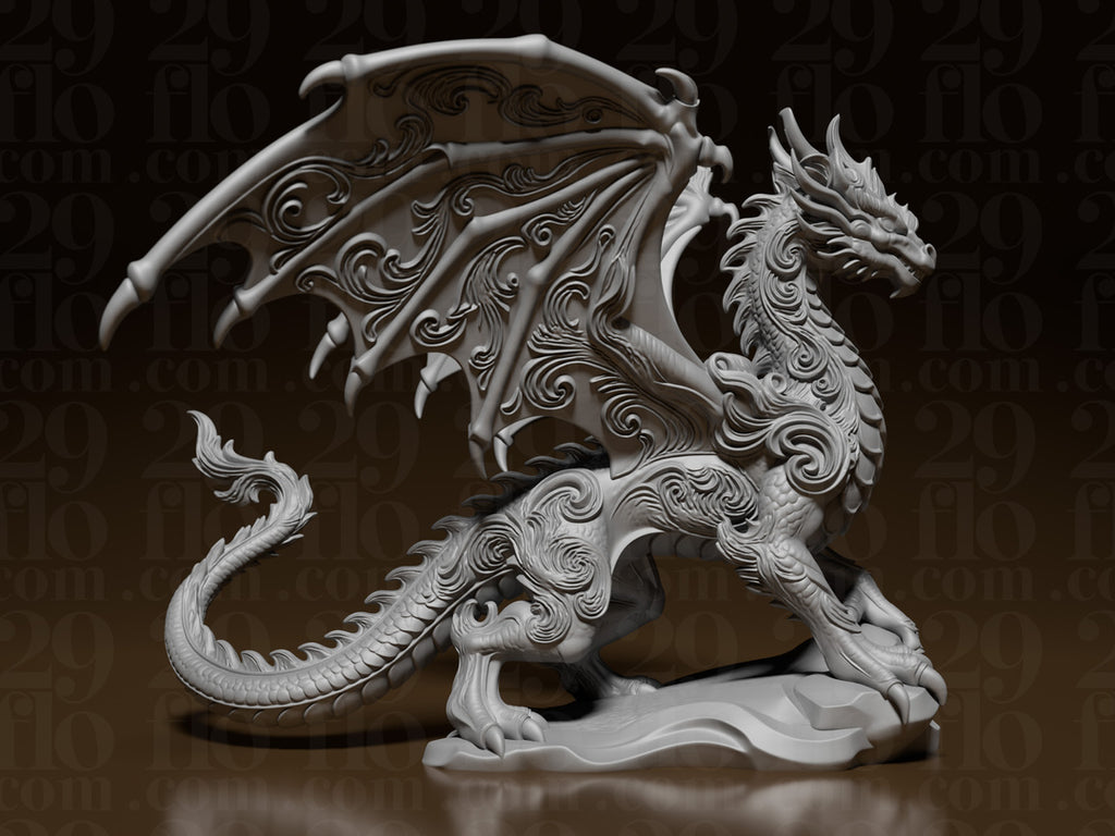 Floral-Drachenskulptur – Geflügelter Fantasy-Drache FehnFactory
