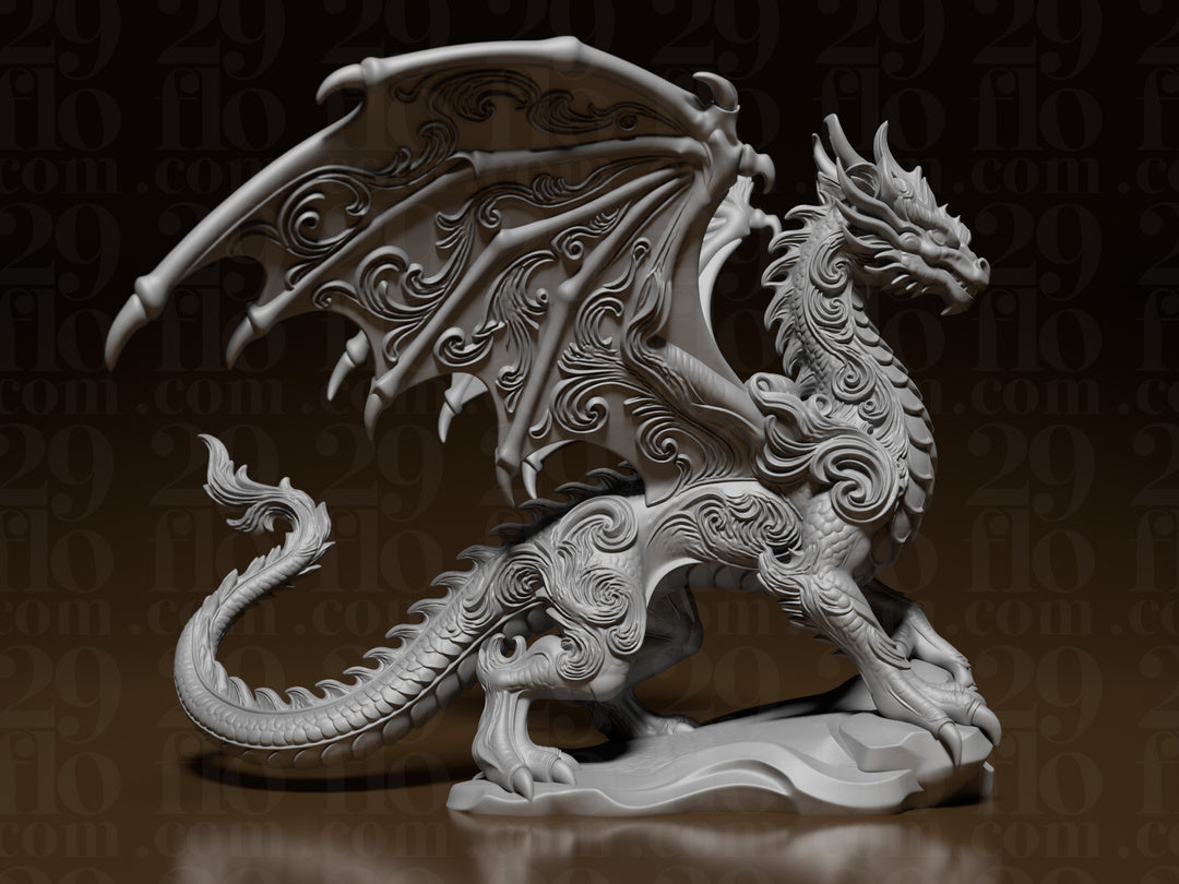 Floral-Drachenskulptur – Geflügelter Fantasy-Drache FehnFactory