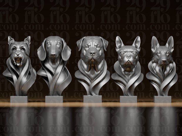 5 moderne Hundebüsten – Yorkshire Terrier, Dackel, Rottweiler, Boston Terrier & Deutscher Schäferhund FehnFactory