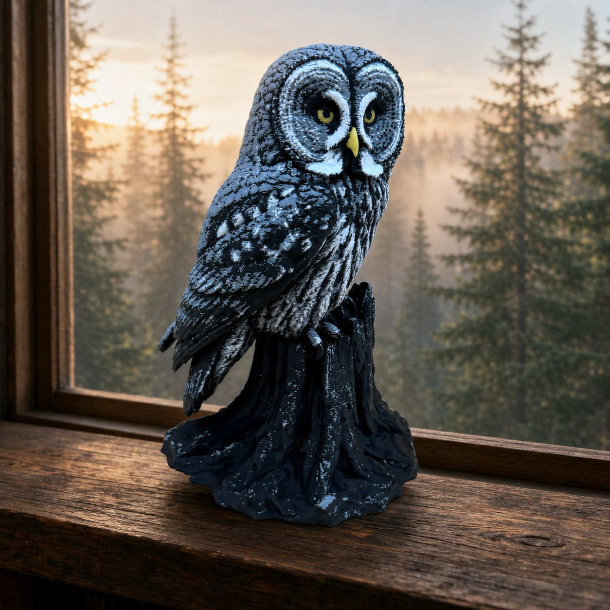 Great Gray Owl – mehrfarbige Bartkauz-Skulptur FehnFactory