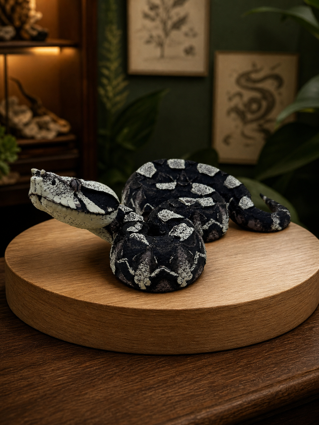 Midnight Ambush – freistehende Gabunviper-Skulptur FehnFactory