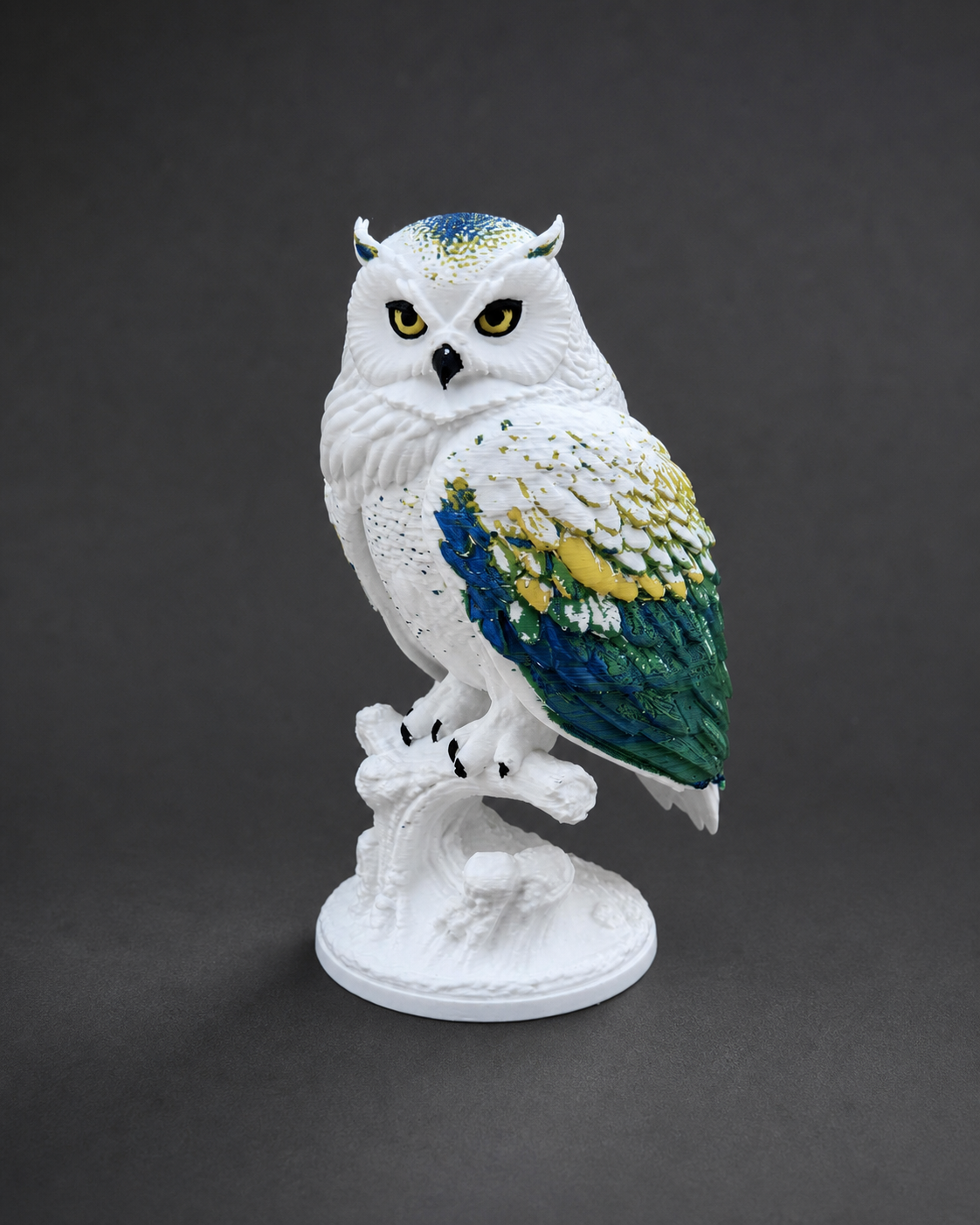 Northern Lights Owl – mehrfarbige Schneeeulen-Skulptur FehnFactory