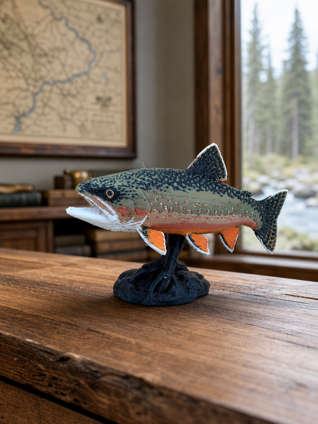 Regenbogenforelle auf Sockel – freistehende Fischskulptur FehnFactory