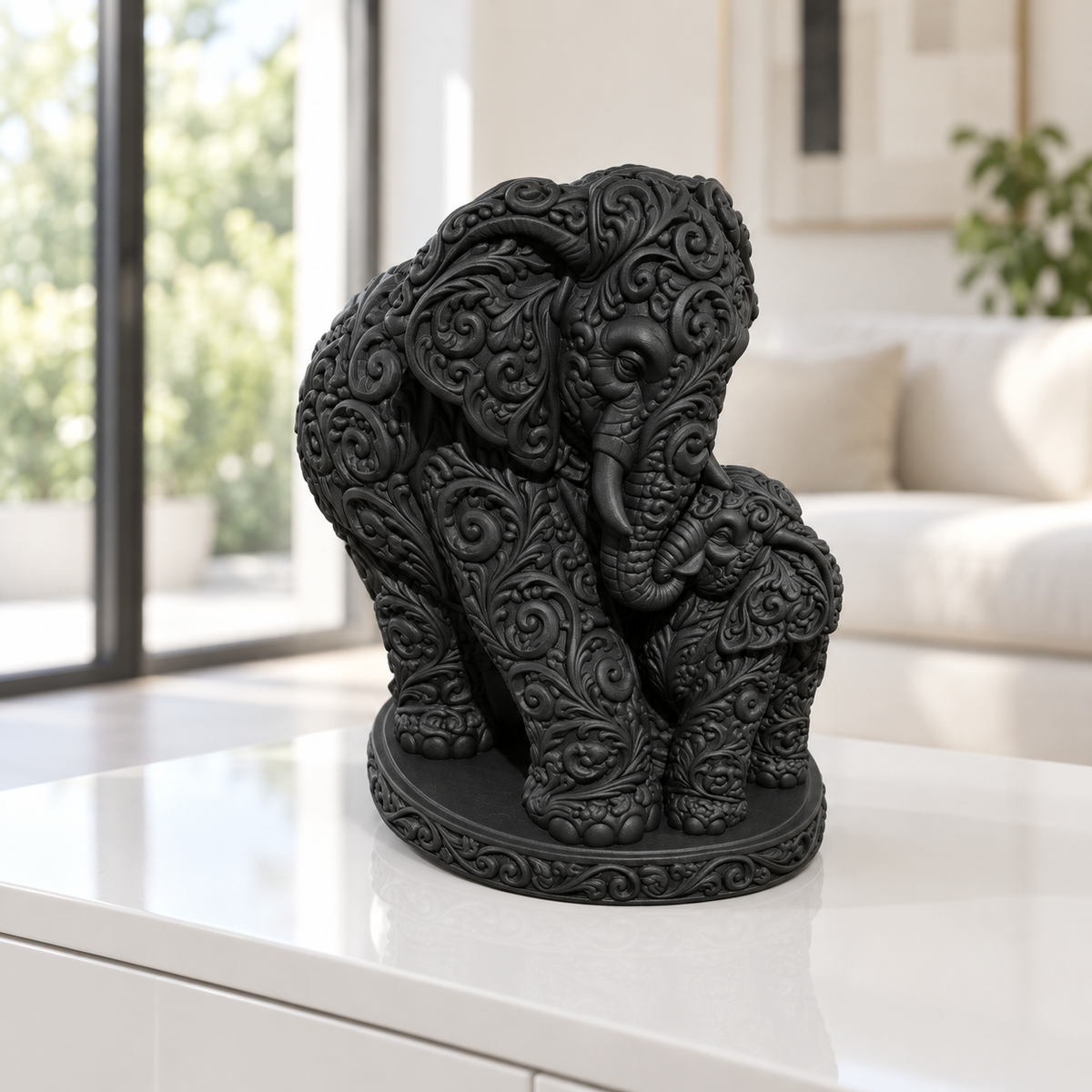 Elefant mit Kalb Ornament - Schwarz gedruckt Wohnzimmer