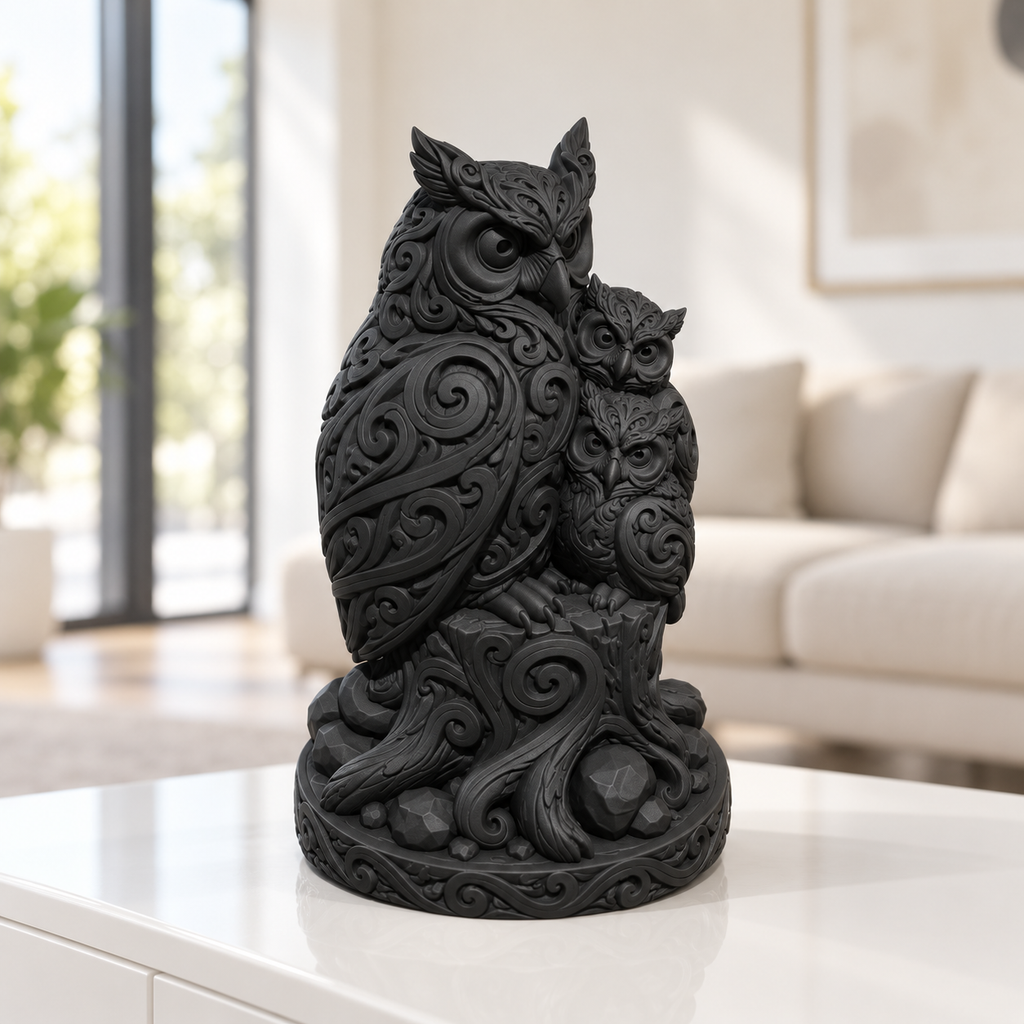 Eule mit zwei Jungen Ornament - Schwarz gedruckt Wohnzimmer