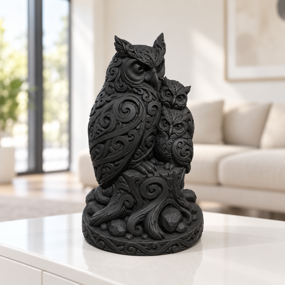 Eule mit zwei Jungen Ornament - Schwarz gedruckt Wohnzimmer