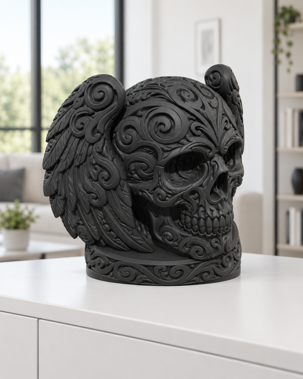 Totenkopf Flügel Ornament - Schwarz gedruckt Wohnzimmer