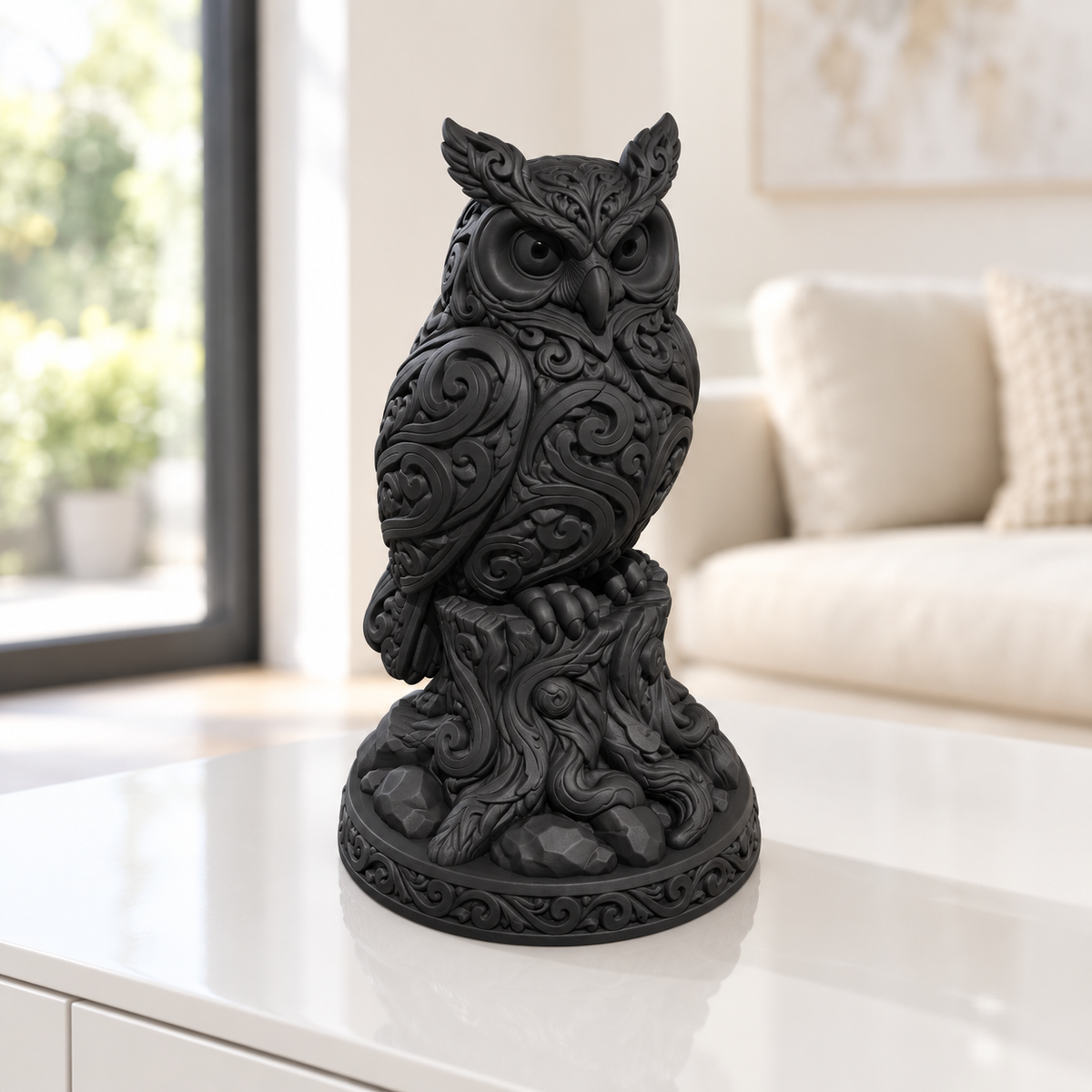 Steinkauz auf Stamm Ornament - Schwarz gedruckt Wohnzimmer