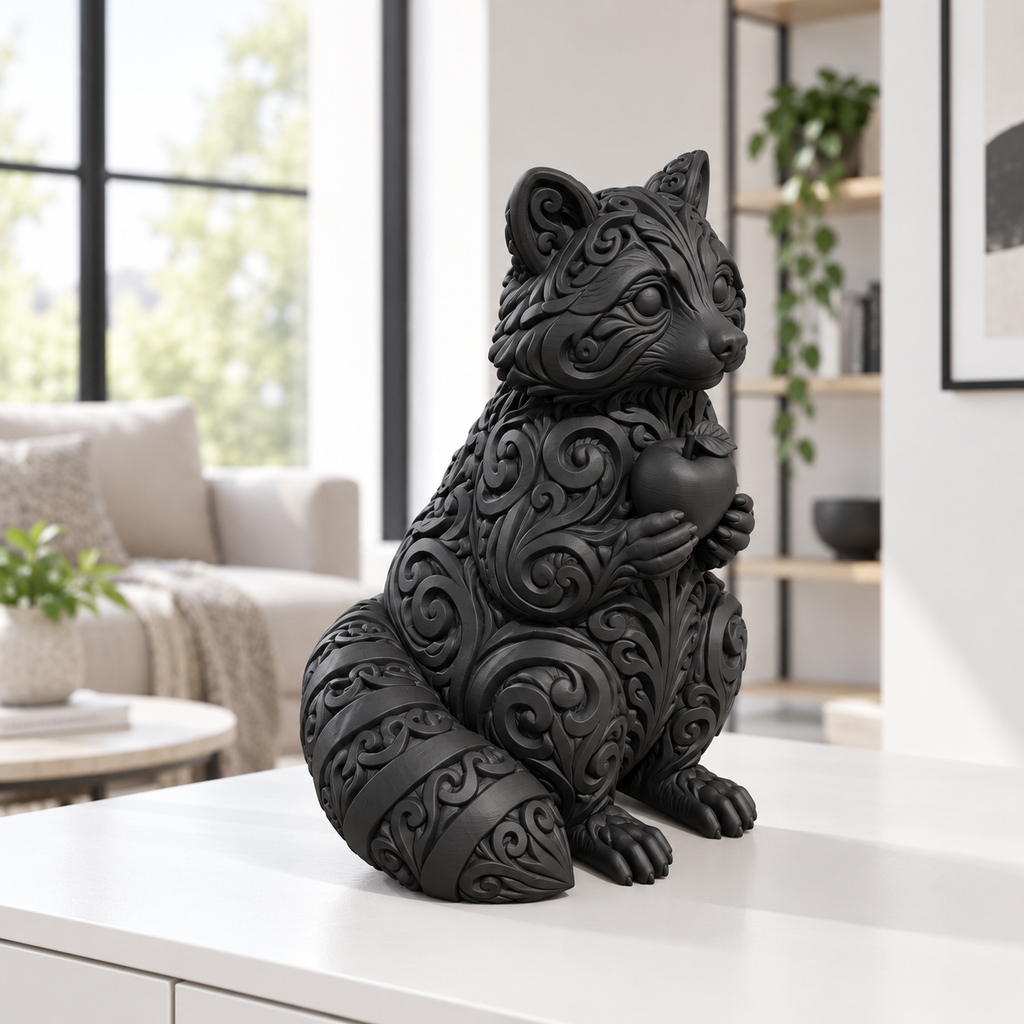 Waschbär mit Apfel Ornament - Schwarz gedruckt Wohnzimmer