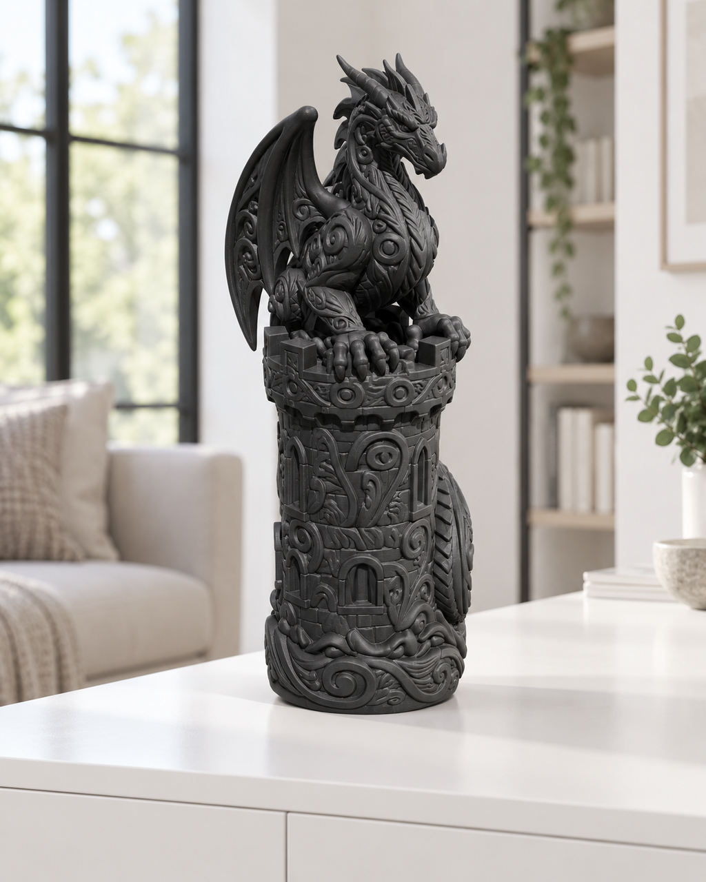 Drache auf Burgturm Ornament - Schwarz gedruckt Wohnzimmer