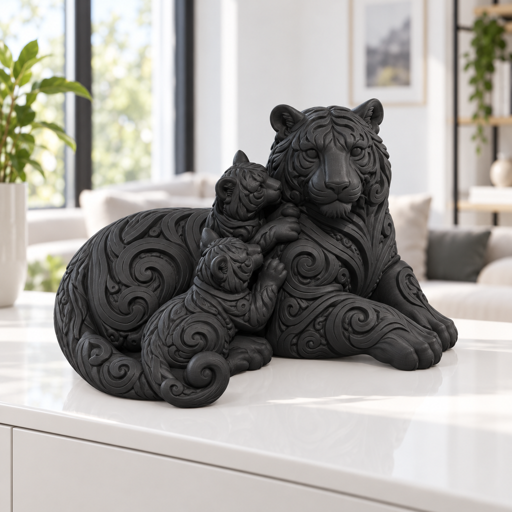 Tiger mit Jungen Ornament - Schwarz gedruckt Wohnzimmer