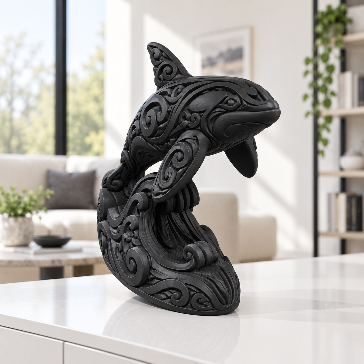 Orca auf Welle Ornament - Schwarz gedruckt Wohnzimmer