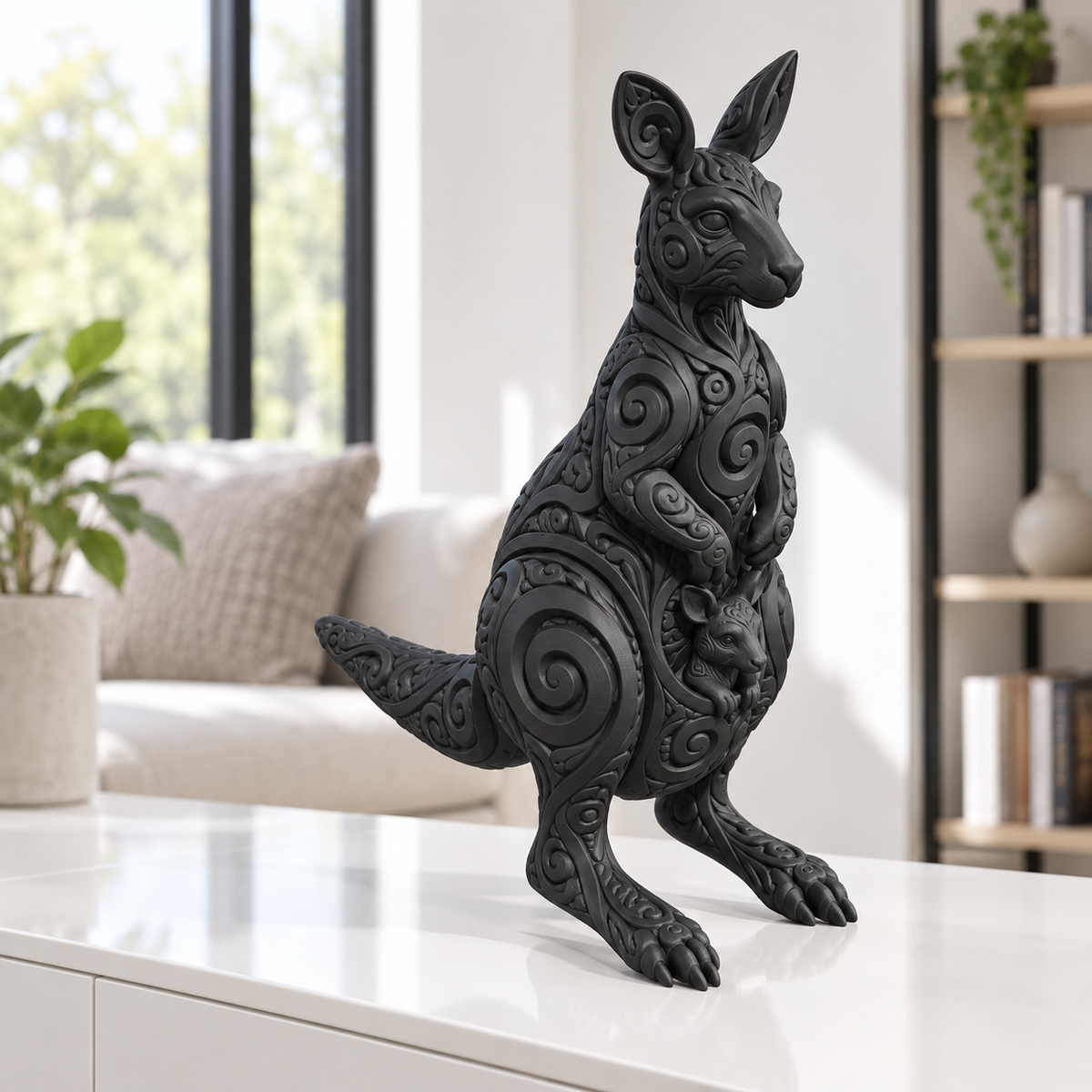 Känguru mit Jungtier Ornament - Schwarz gedruckt Wohnzimmer