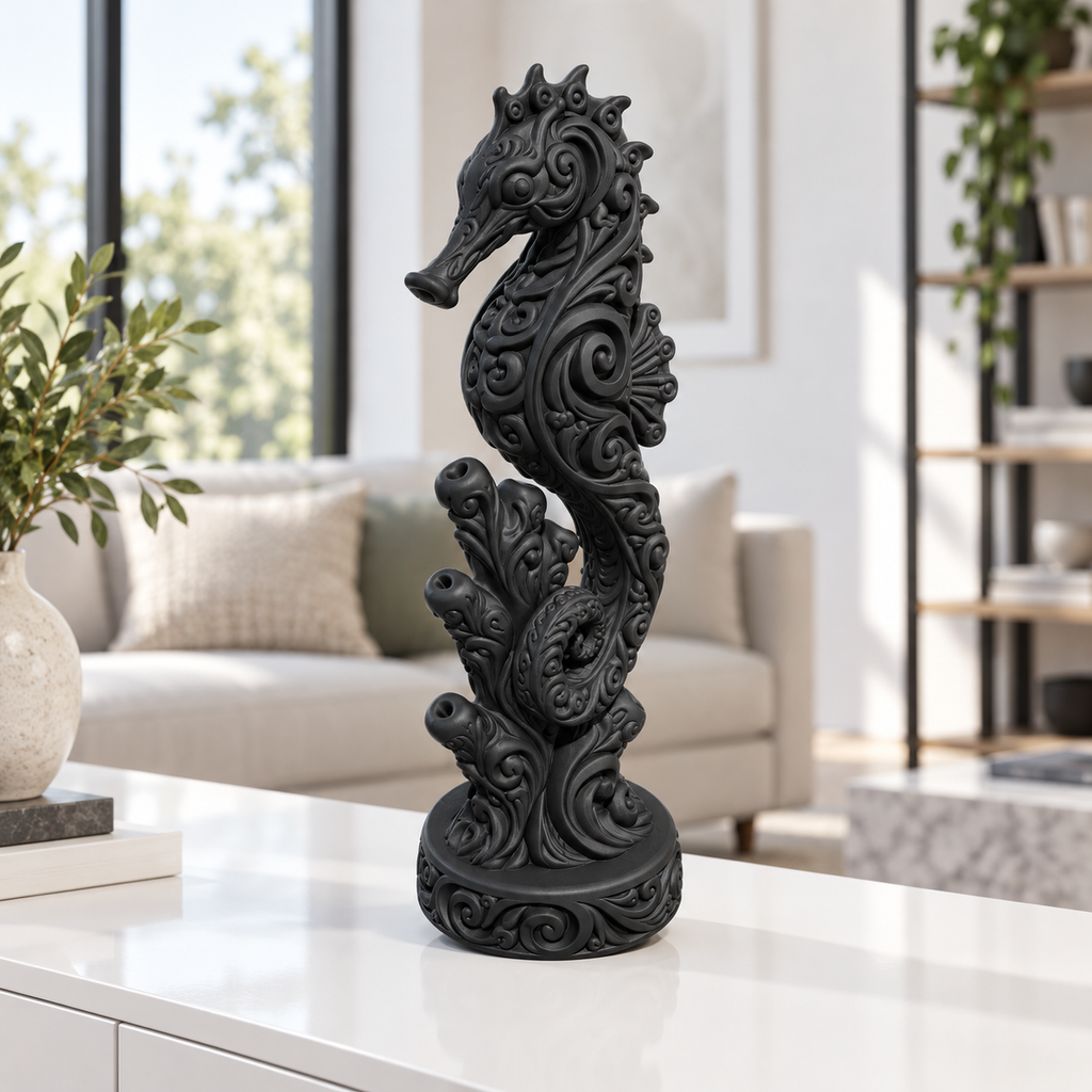 Seepferdchen mit Korallen Ornament - Schwarz gedruckt Wohnzimmer
