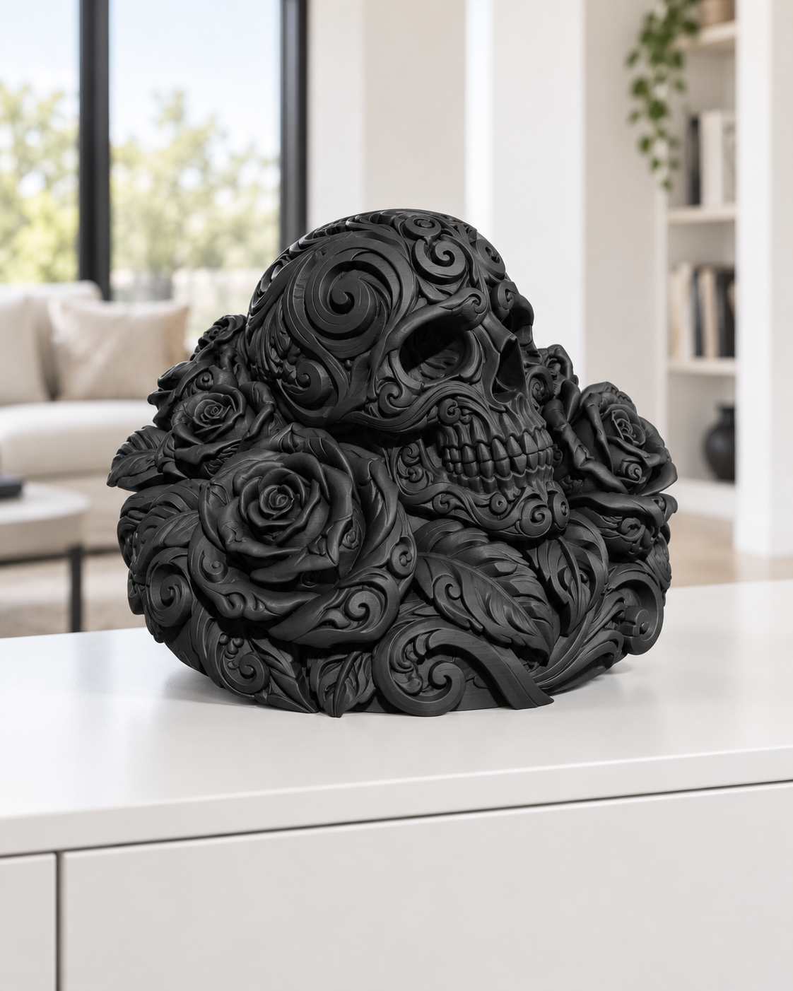 Totenkopf Rosen Ornament - Schwarz gedruckt Wohnzimmer