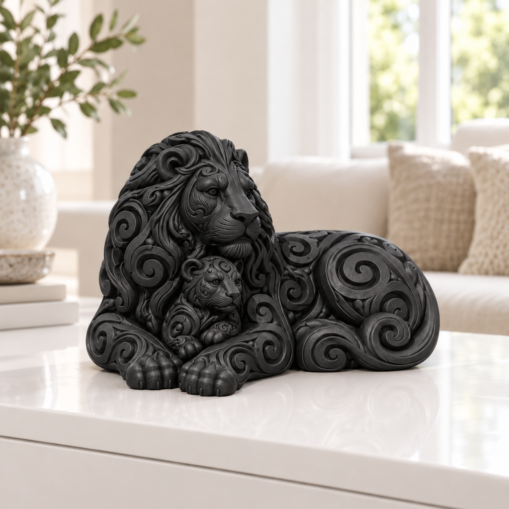 Löwe mit Jungem Ornament - Schwarz gedruckt Wohnzimmer
