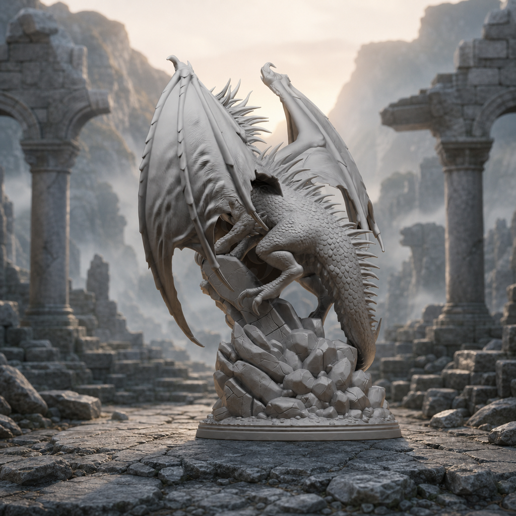 Brüllender Flügeldrache – Fantasy-Statue auf Ruinensockel FehnFactory