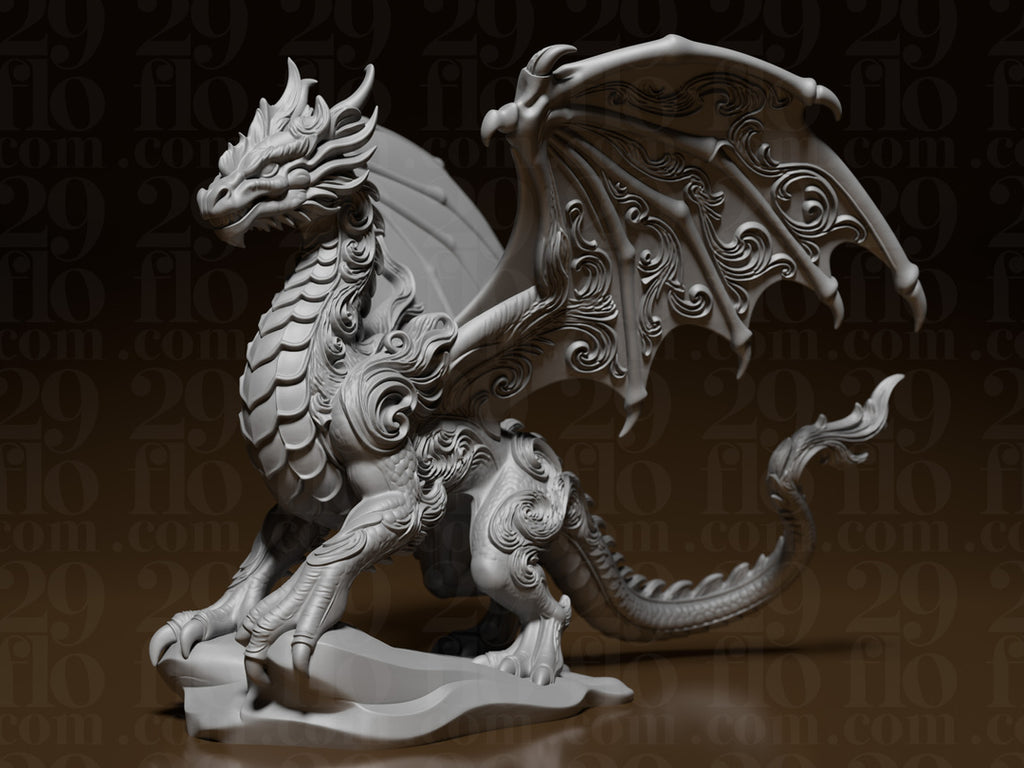 Floral-Drachenskulptur – Geflügelter Fantasy-Drache FehnFactory