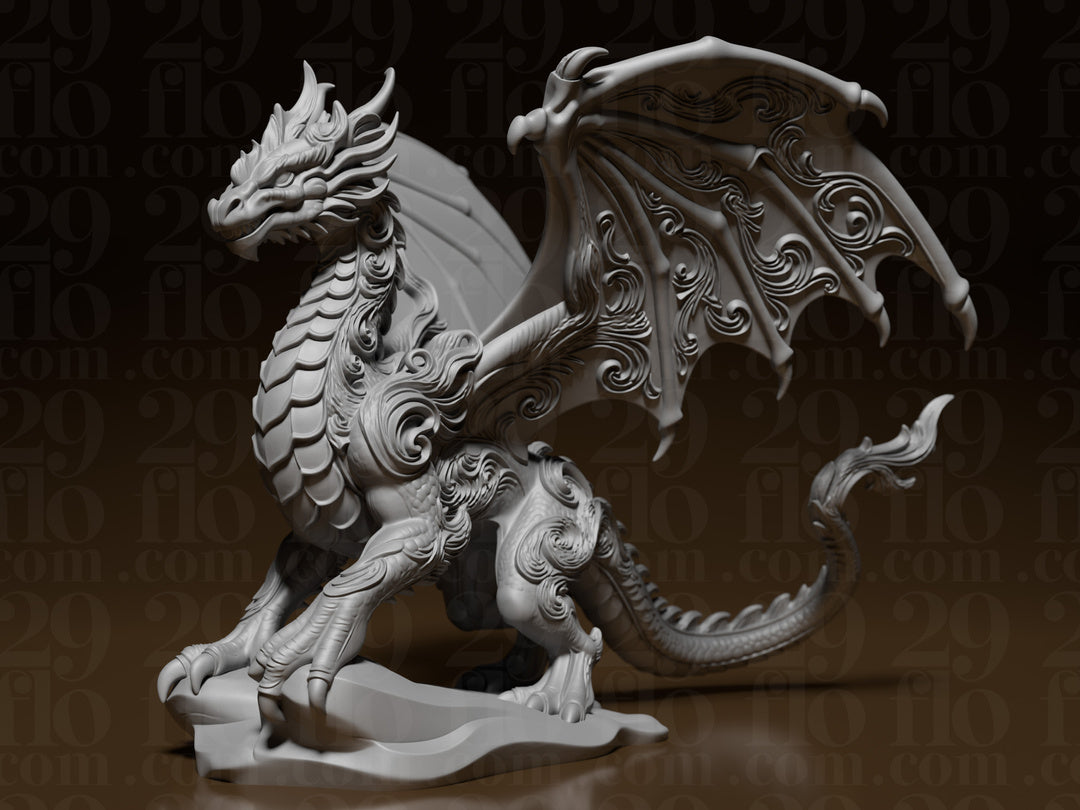 Floral-Drachenskulptur – Geflügelter Fantasy-Drache FehnFactory