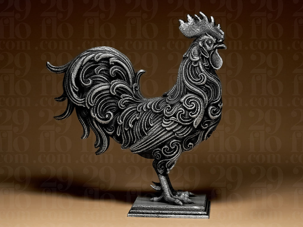 Florale Hahn-Skulptur – Ornamentaler Vogel auf Sockel FehnFactory