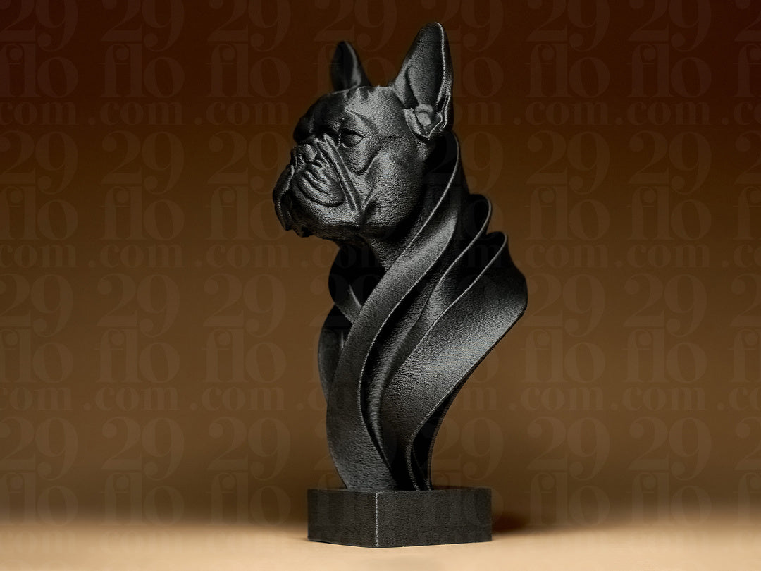 Moderne French-Bulldog-Büste – Hundeskulptur auf Sockel FehnFactory
