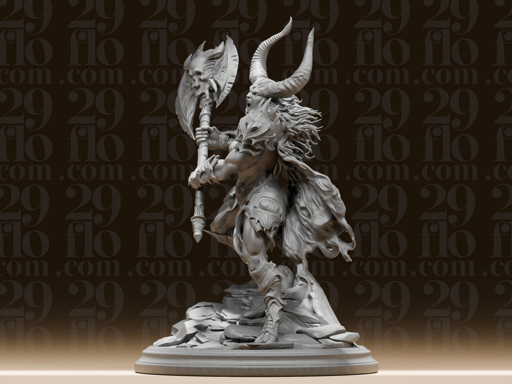 Dämonenkriegerin mit Totenkopf-Axt – Dark-Fantasy Skulptur FehnFactory