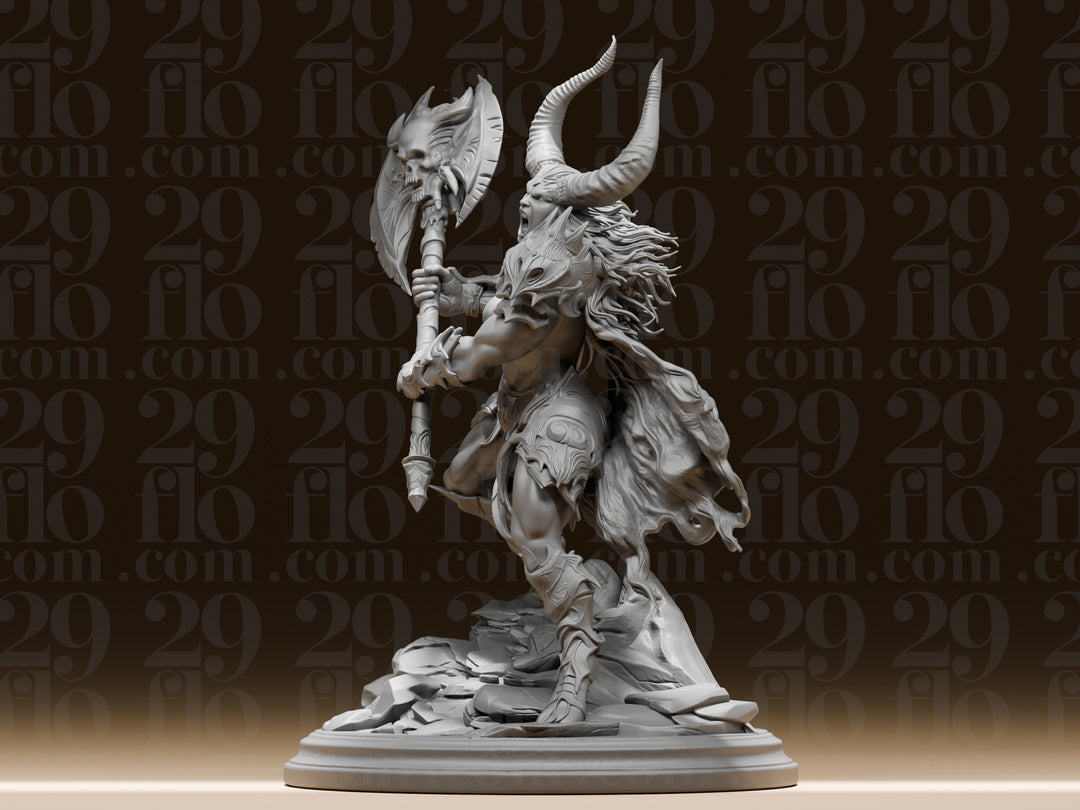 Dämonenkriegerin mit Totenkopf-Axt – Dark-Fantasy Skulptur FehnFactory