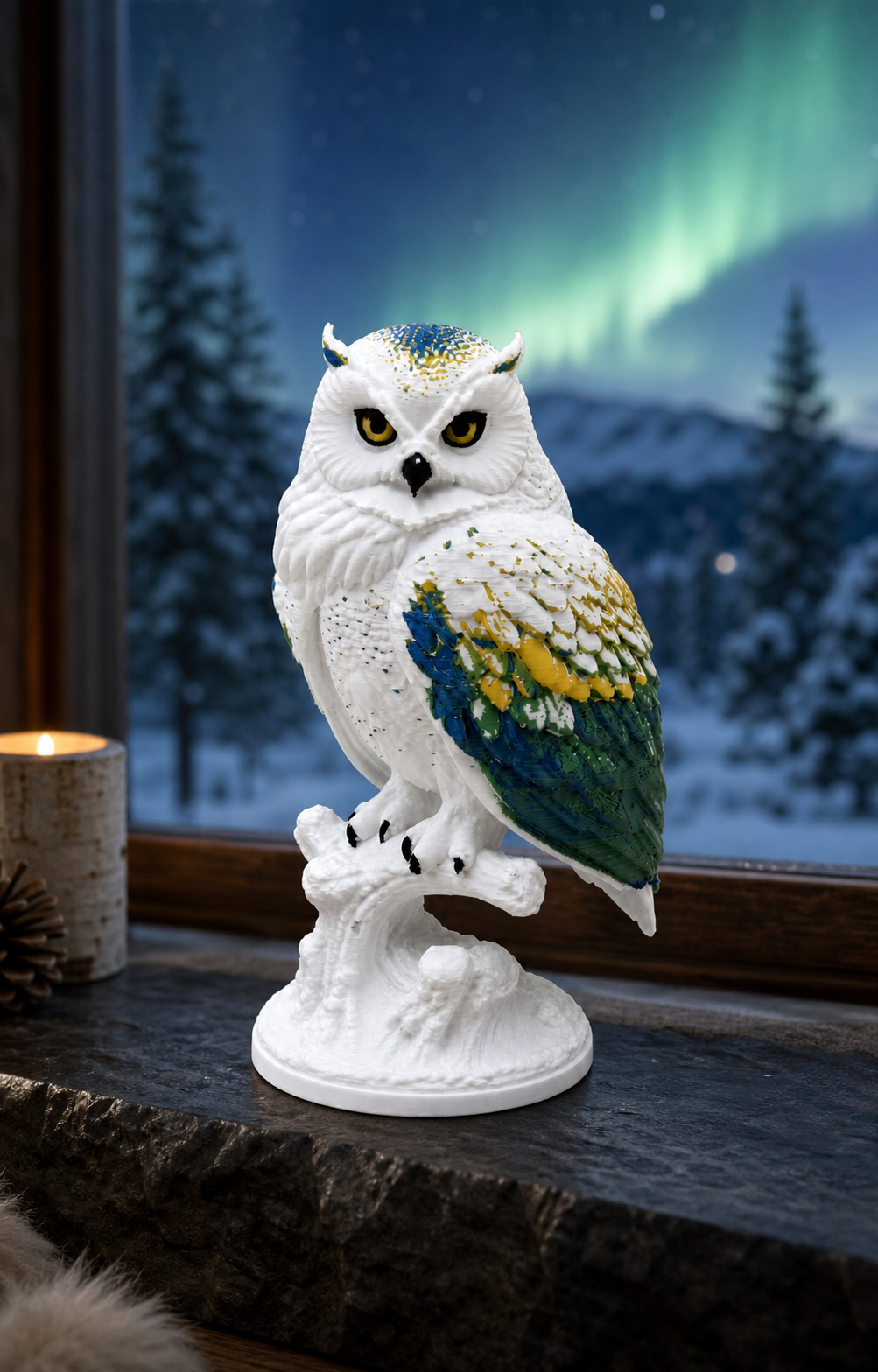 Northern Lights Owl – mehrfarbige Schneeeulen-Skulptur FehnFactory