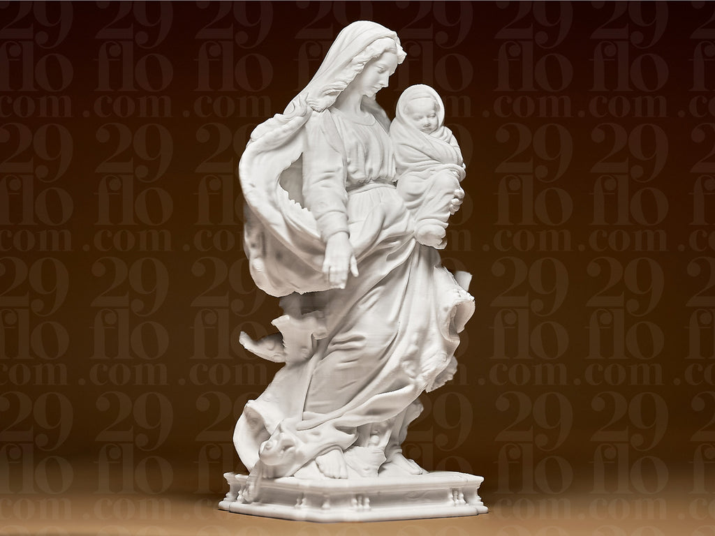Marienfigur mit Jesuskind – freistehende Skulptur auf Ziersockel FehnFactory