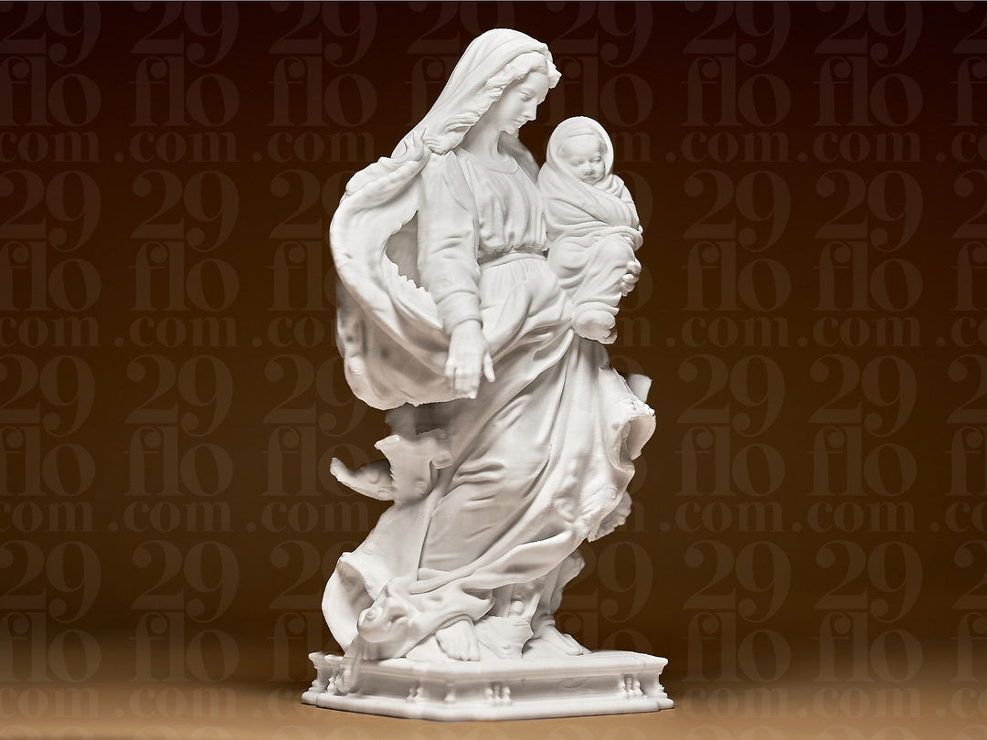 Marienfigur mit Jesuskind – freistehende Skulptur auf Ziersockel FehnFactory