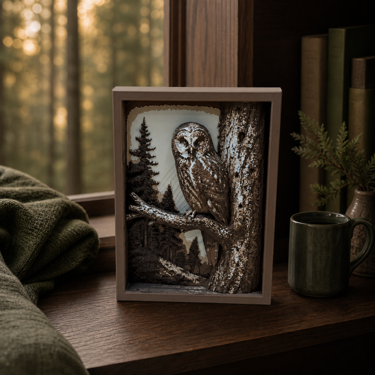 Silent Sentinel Eule – gerahmte Schattenbox FehnFactory