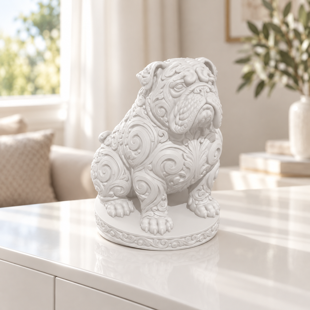 Englische Bulldogge sitzend Ornament - Weiss gedruckt Wohnzimmer