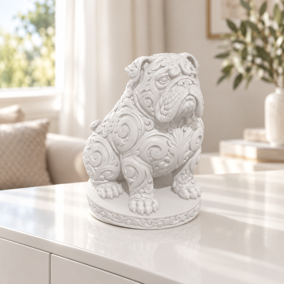 Englische Bulldogge sitzend Ornament - Weiss gedruckt Wohnzimmer