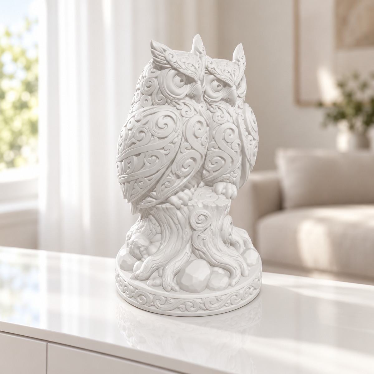 Eulenpaar auf Stamm Ornament - Weiss gedruckt Wohnzimmer