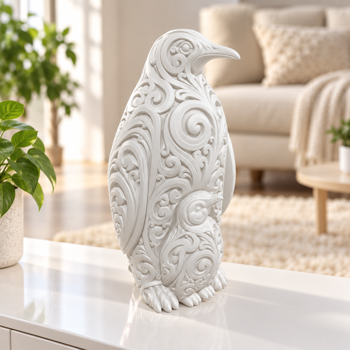 Pinguin mit Küken Ornament - Weiss gedruckt Wohnzimmer