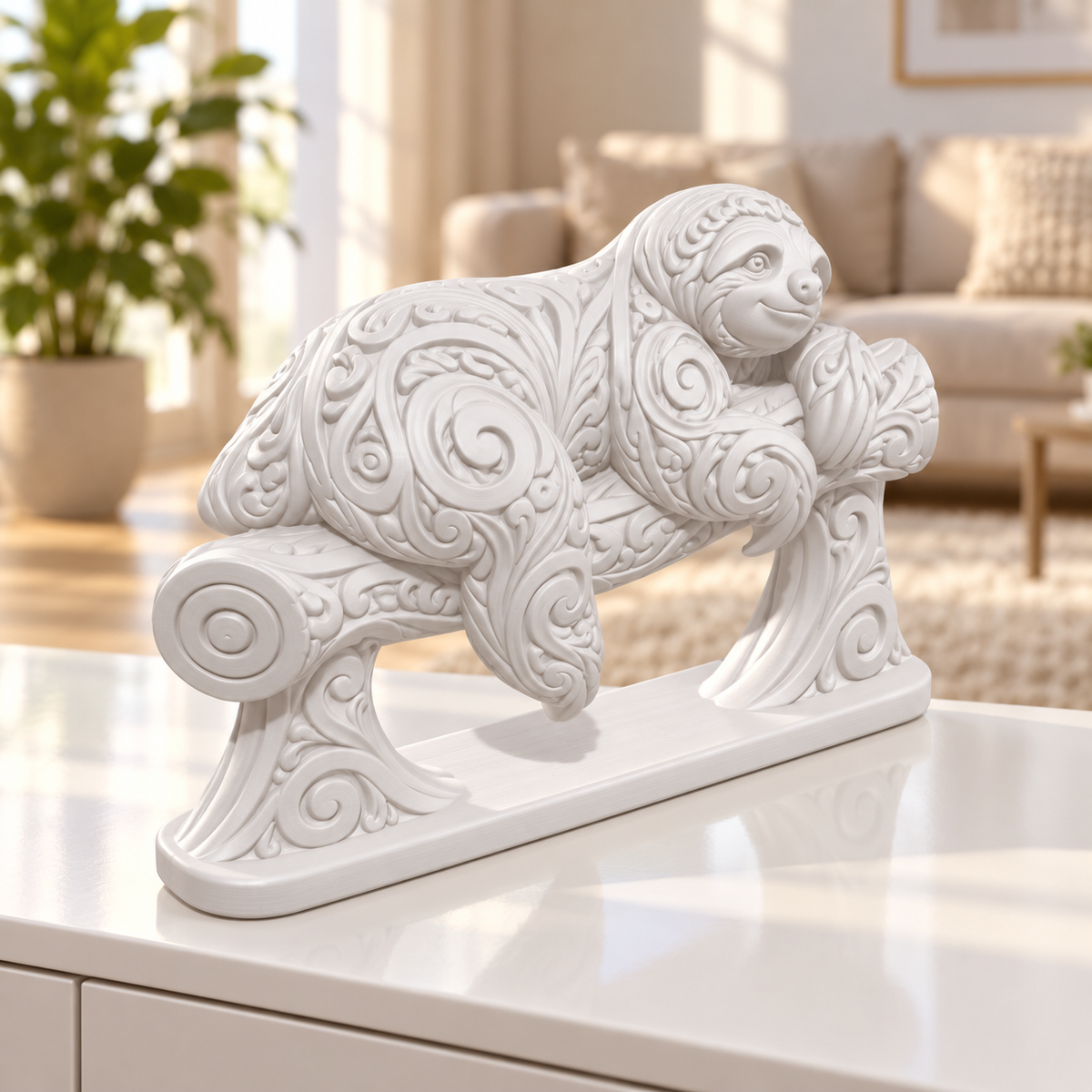 Faultier auf Ast Ornament - Weiss gedruckt Wohnzimmer