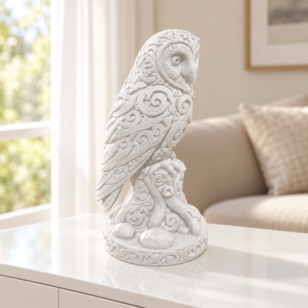 Schleiereule auf Stamm Ornament - Weiss gedruckt Wohnzimmer
