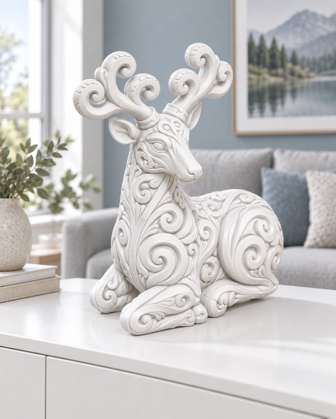 Hirsch Ornament - Weiss gedruckt Wohnzimmer
