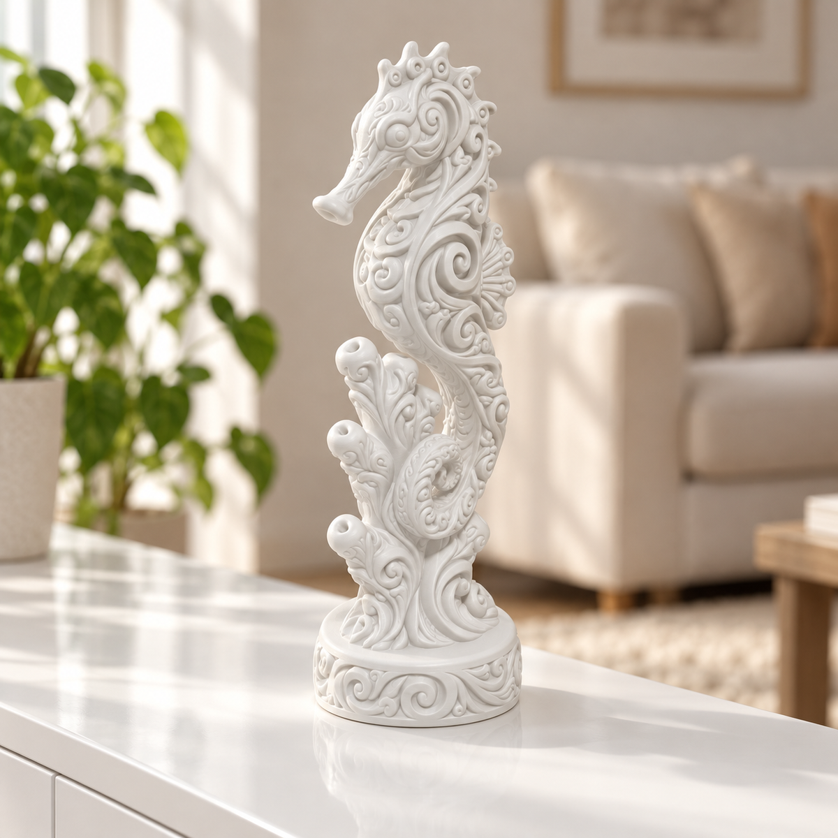Seepferdchen mit Korallen Ornament - Weiss gedruckt Wohnzimmer