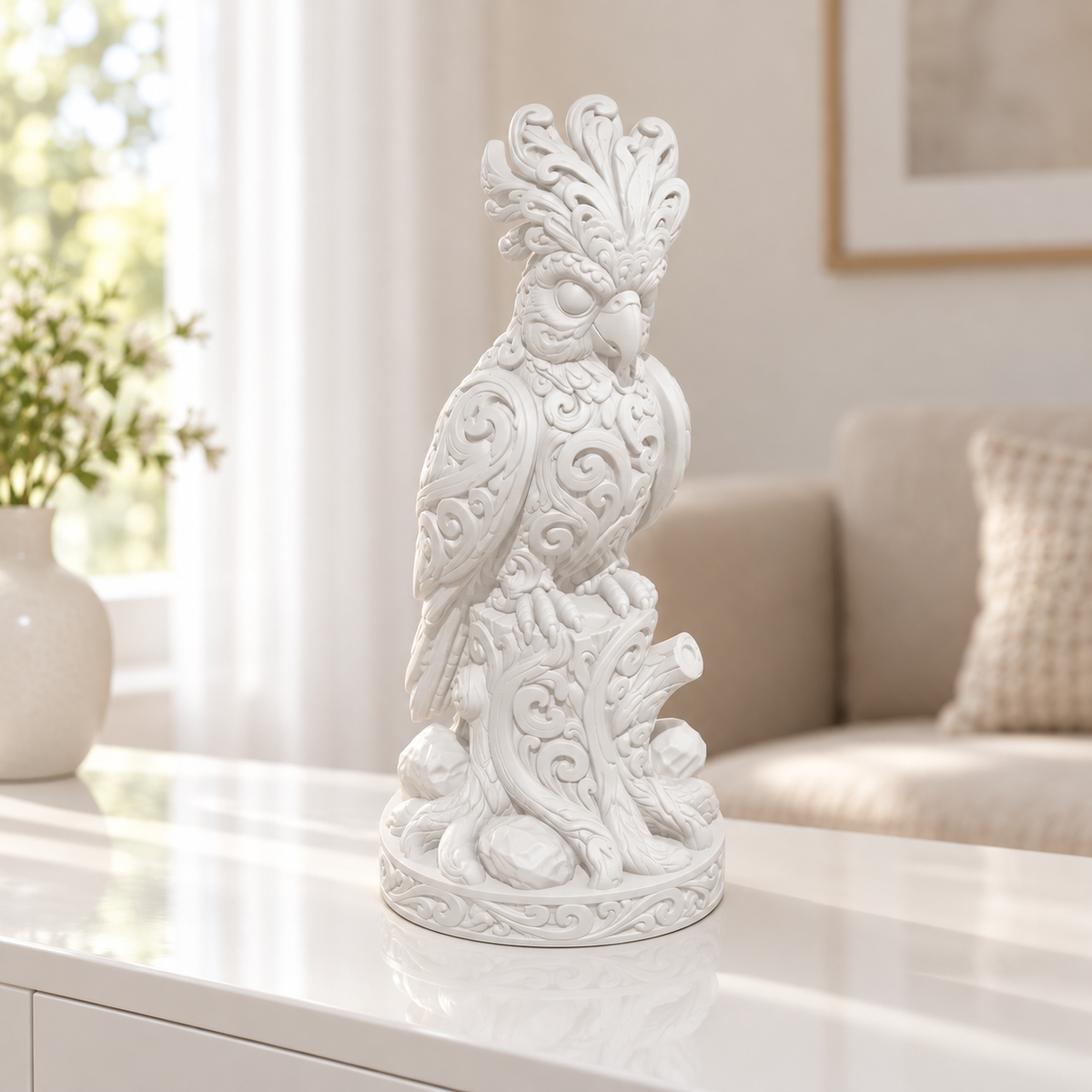 Kakadu auf Baumstumpf Ornament - Weiss gedruckt Wohnzimmer