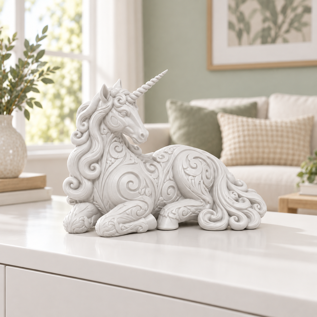 Liegendes Einhorn Ornament - Weiss gedruckt Wohnzimmer