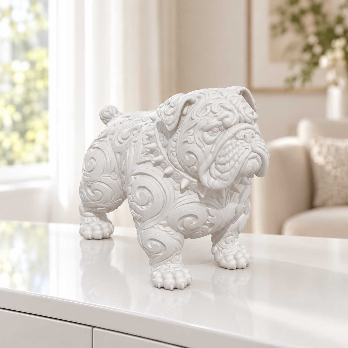Bulldogge mit Halsband Ornament - Weiss gedruckt Wohnzimmer