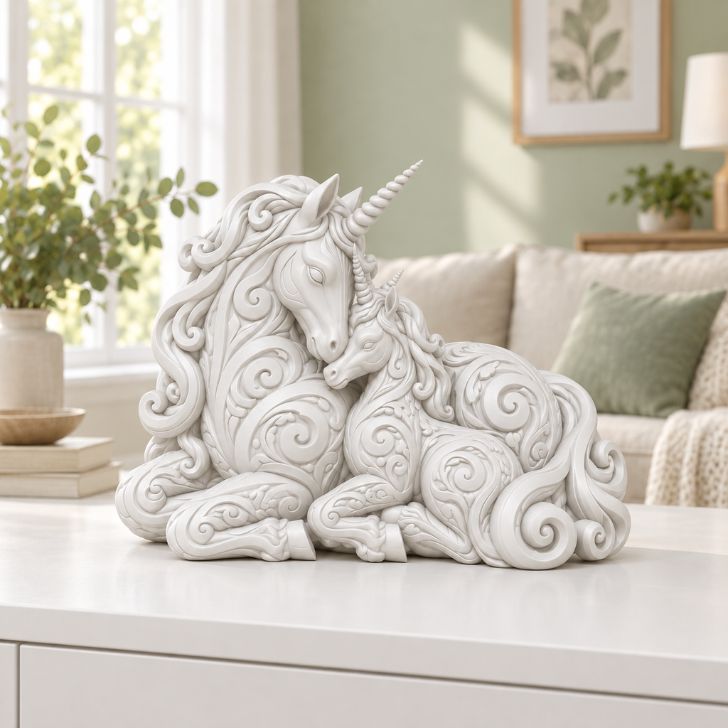 Einhorn mit Fohlen Ornament - Weiss gedruckt Wohnzimmer