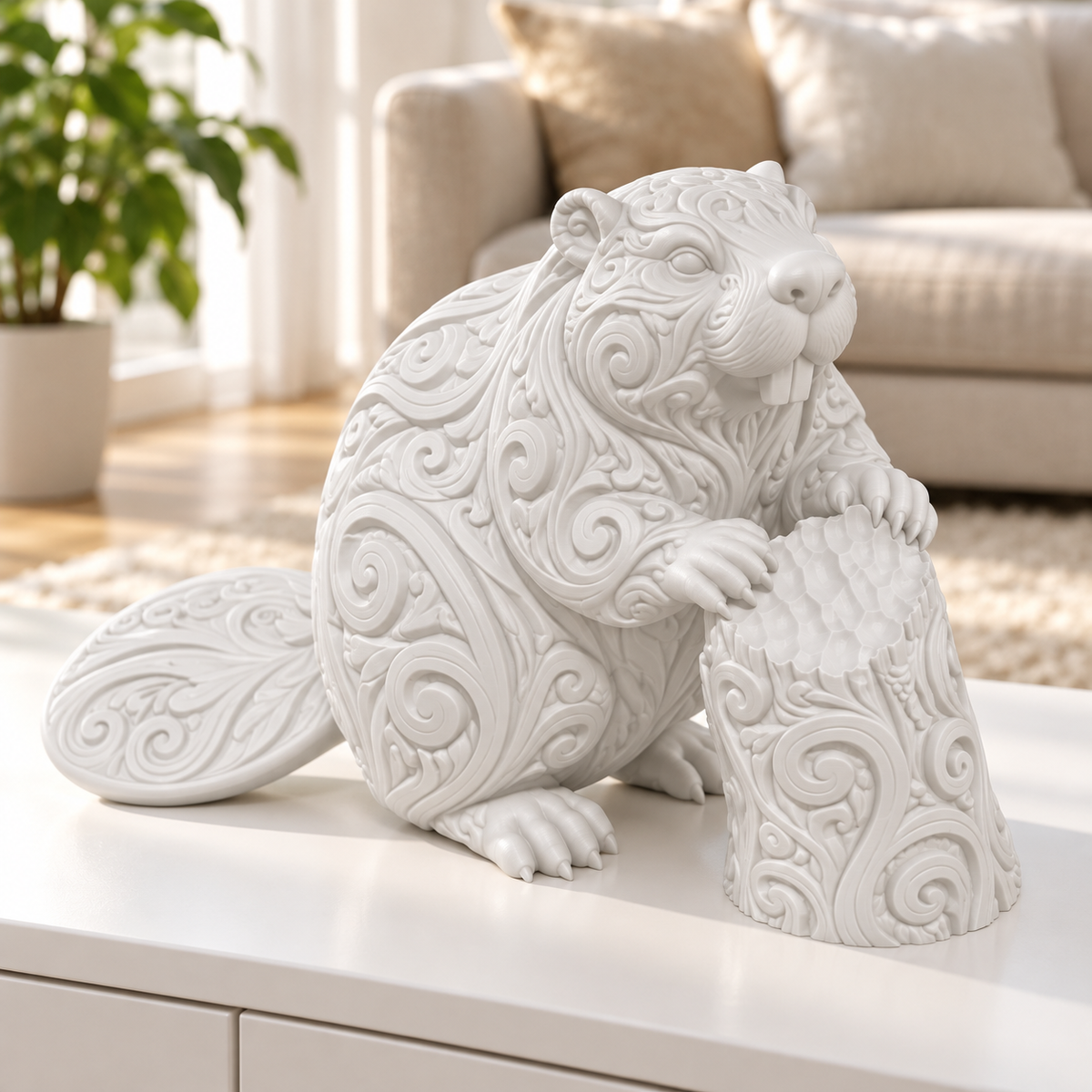 Biber am Baumstamm Ornament - Weiss gedruckt Wohnzimmer