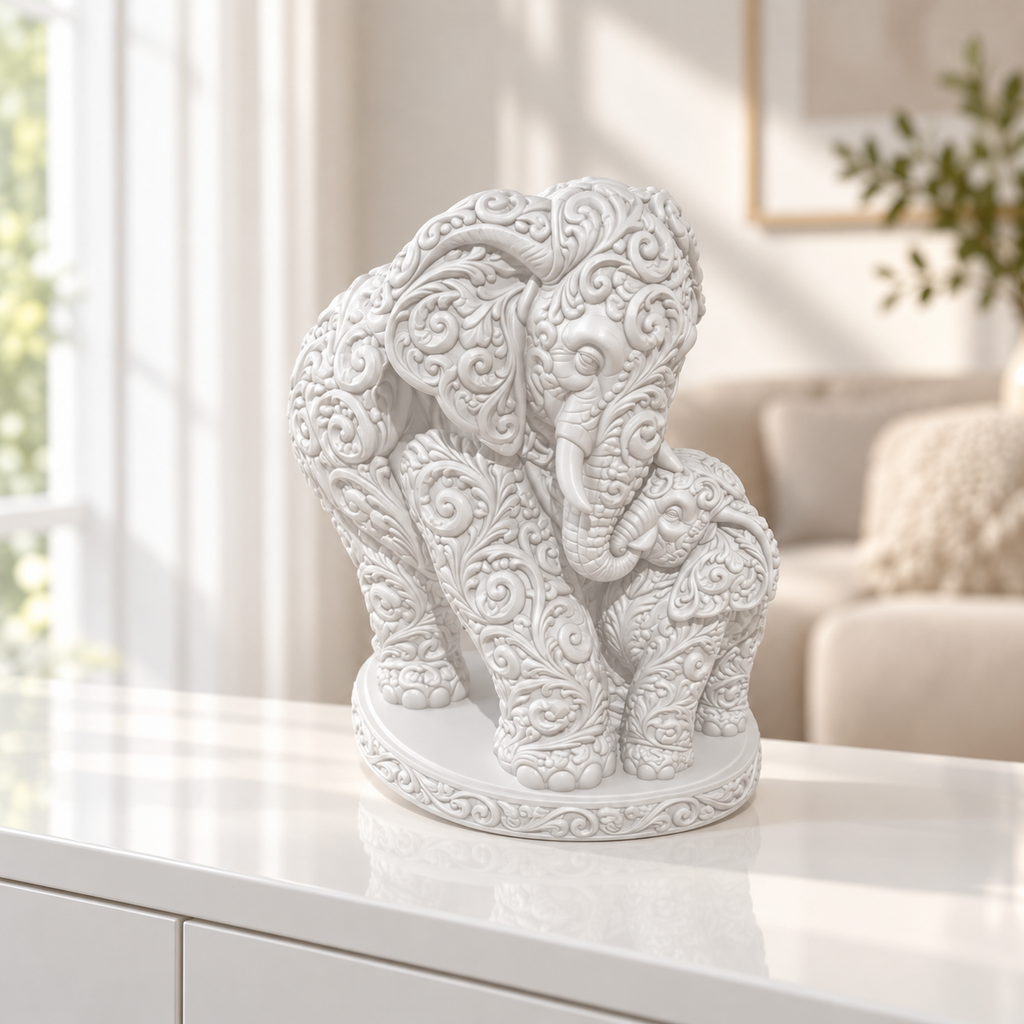 Elefant mit Kalb Ornament - Weiss gedruckt Wohnzimmer