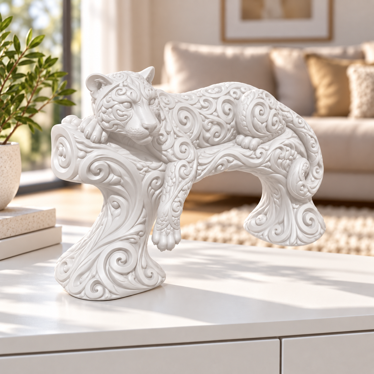Leopard auf Ast Ornament - Weiss gedruckt Wohnzimmer