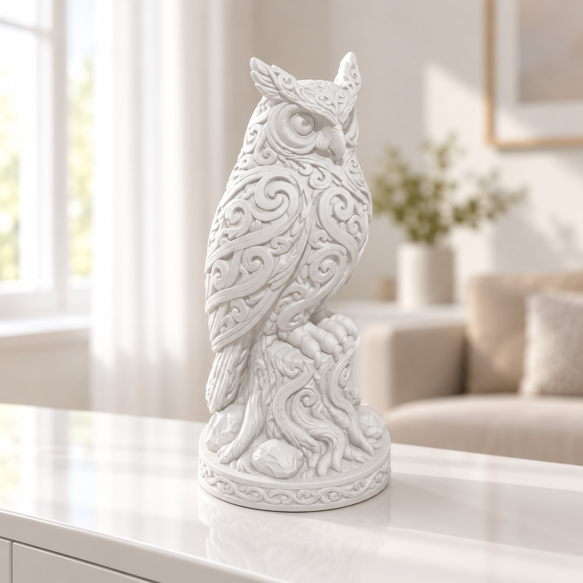 Waldkauz auf Baumstumpf Ornament - Weiss gedruckt Wohnzimmer