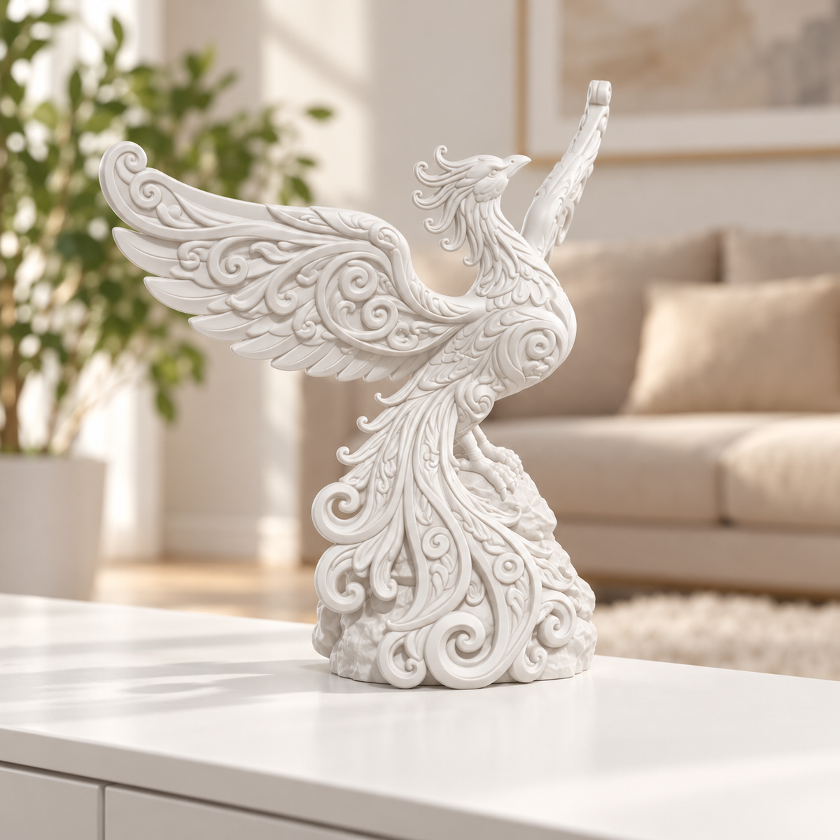 Phönix mit Schwingen Ornament - Weiss gedruckt Wohnzimmer