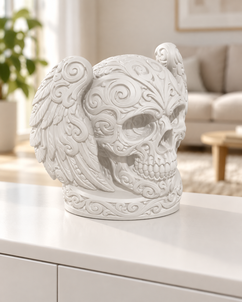 Totenkopf Flügel Ornament - Weiss gedruckt Wohnzimmer