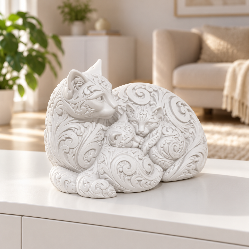 Katze mit Kätzchen Ornament - Weiss gedruckt Wohnzimmer